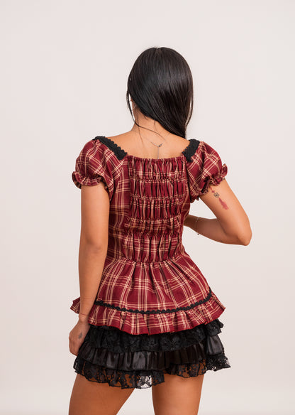 Crimson Tartan Lace Blouse