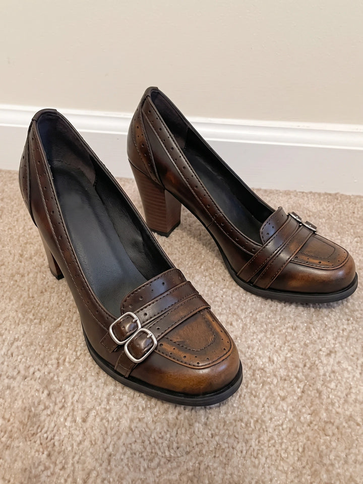 Irene Burnished Brogue Block Heel Pumps