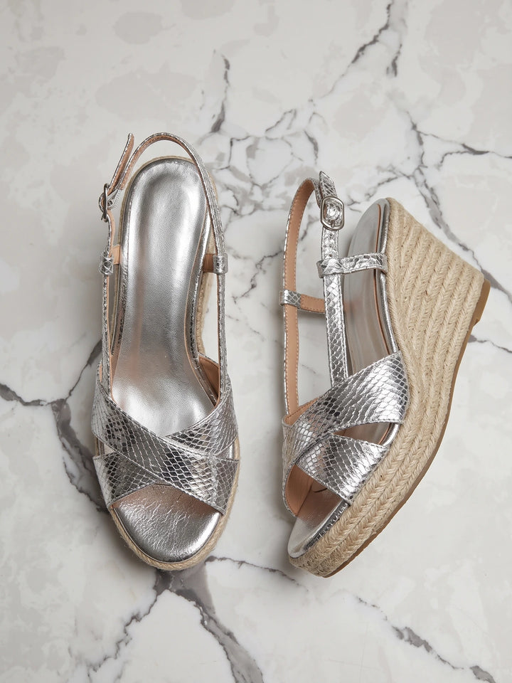 Ghislaine Silver Snakeskin Espadrille Wedges