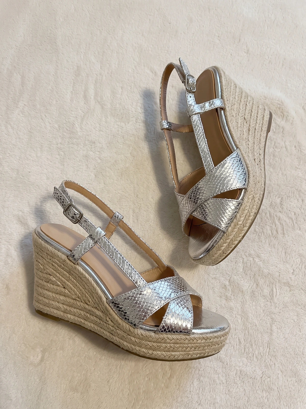 Ghislaine Silver Snakeskin Espadrille Wedges