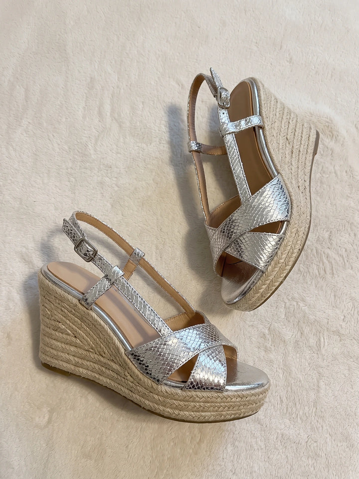 Ghislaine Silver Snakeskin Espadrille Wedges