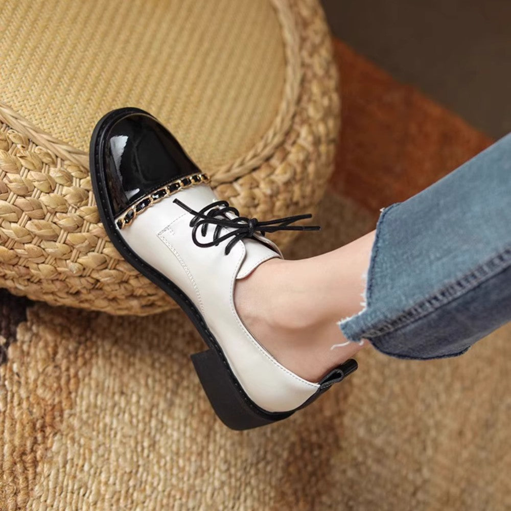 Color-Block Round Toe Leather Heels