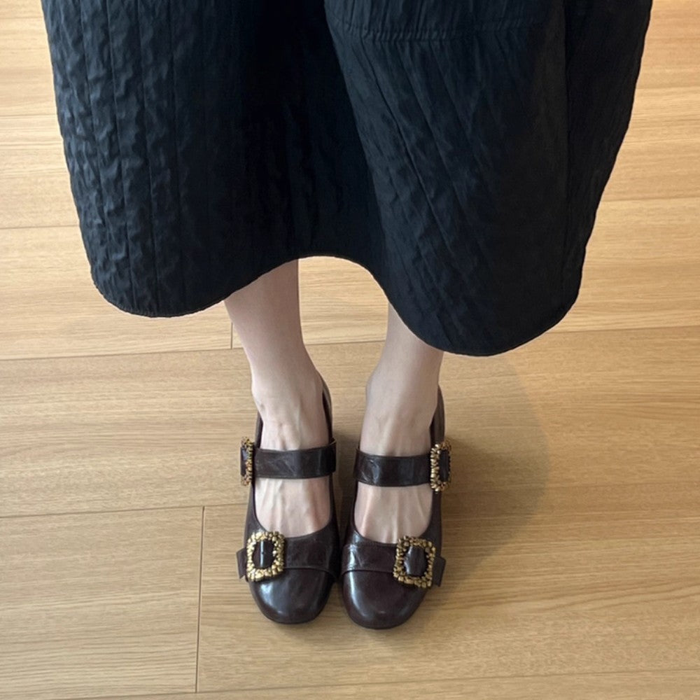 Retro Round-Toe Metal Buckle Heels