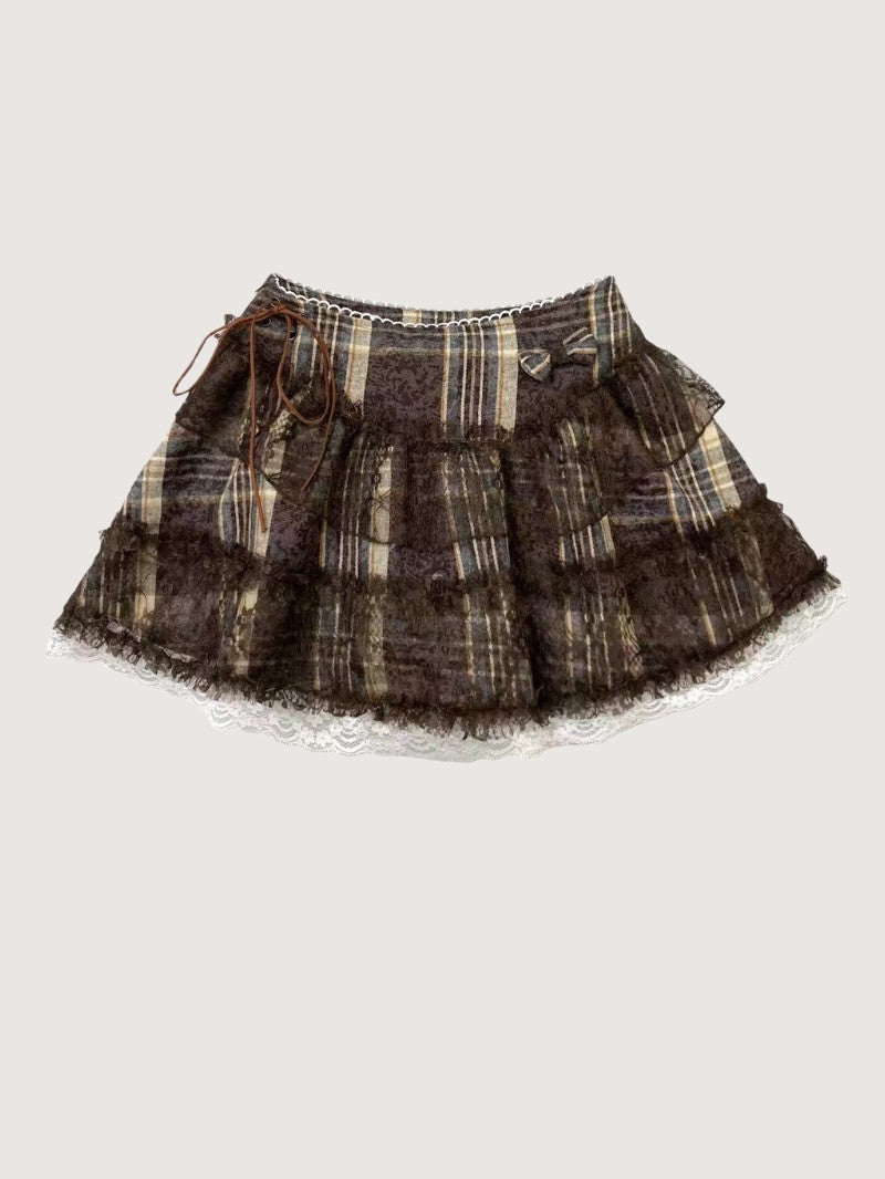 Brown Plaid Lace Mini Skirt