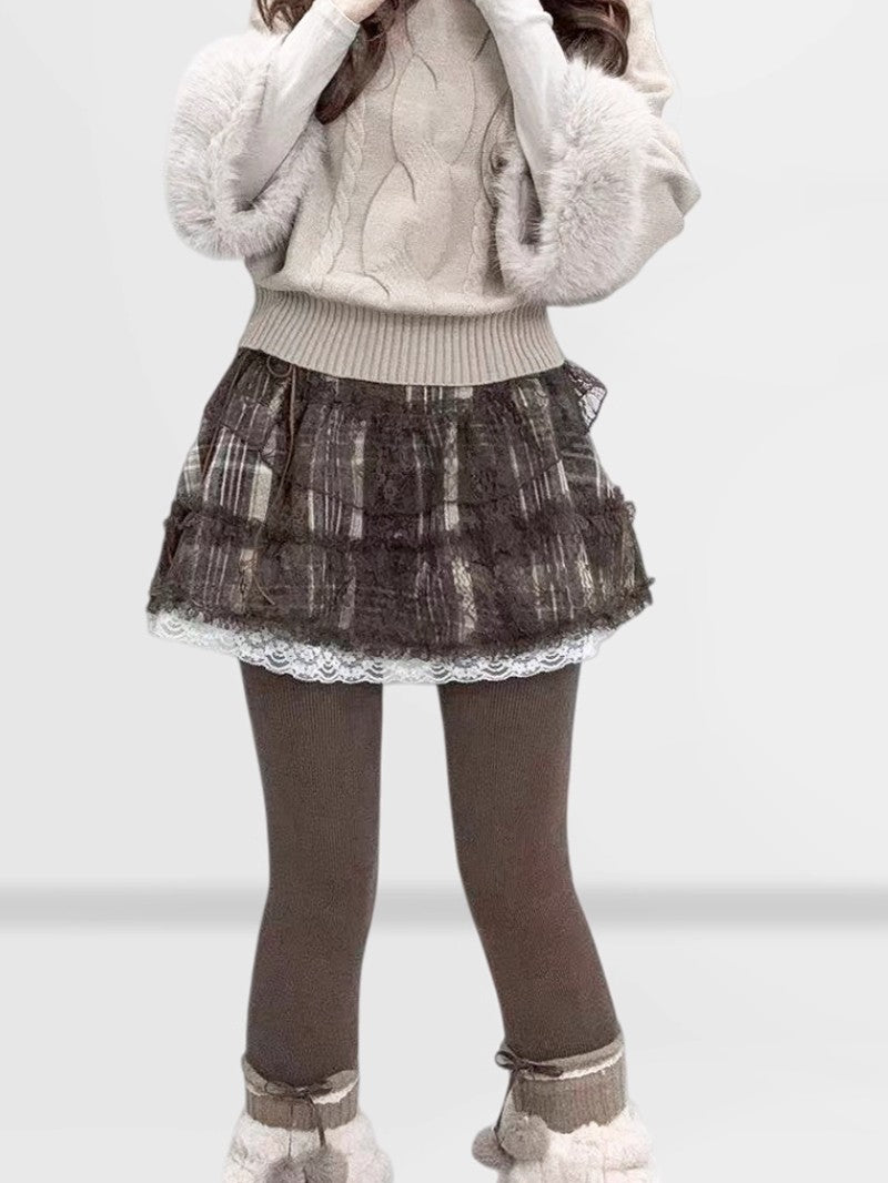 Plaid Patchwork Lace Woolen Mini Skirt