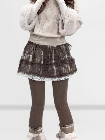 Plaid Patchwork Lace Woolen Mini Skirt