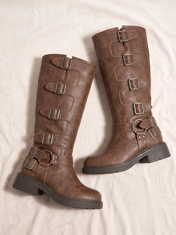 Severine Distressed Buckle Knight Boots