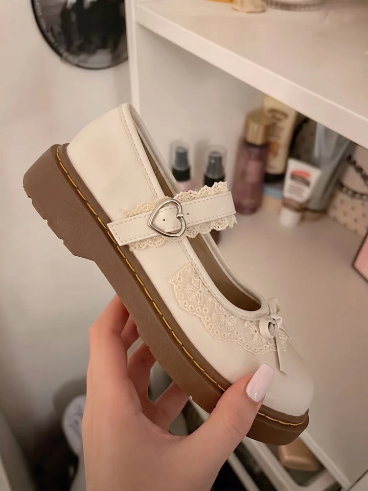 Soleil Lace Heart-Buckle Mary Jane Flats