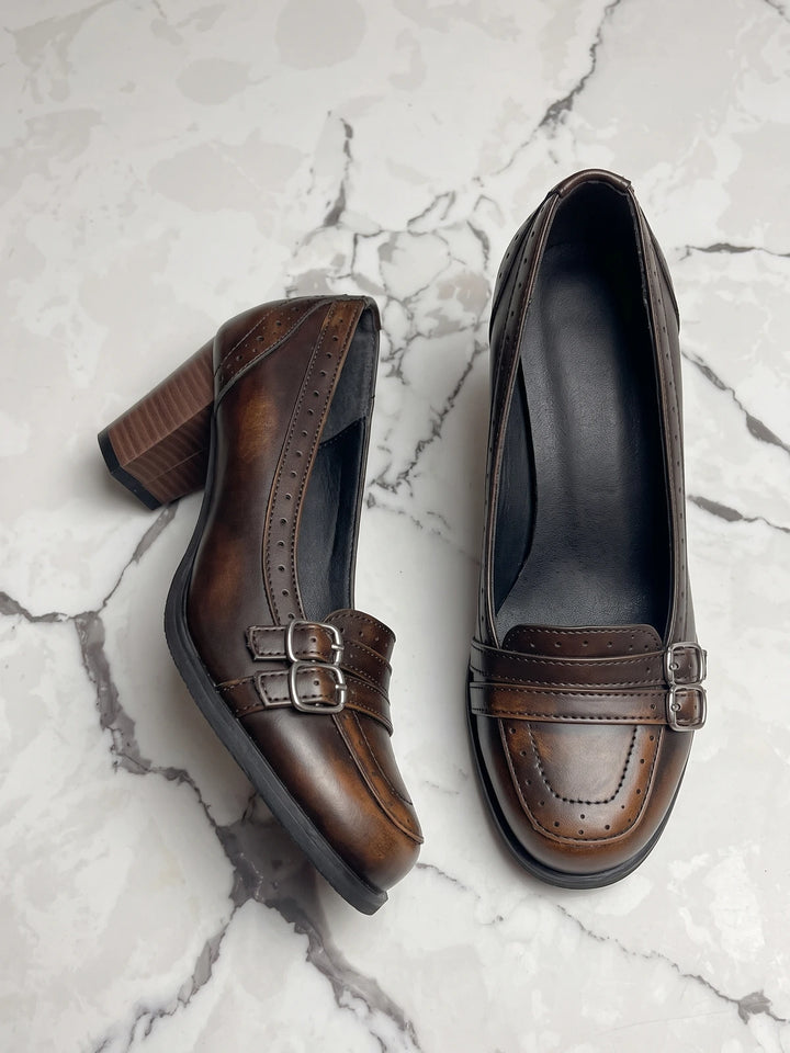 Irene Burnished Brogue Block Heel Pumps