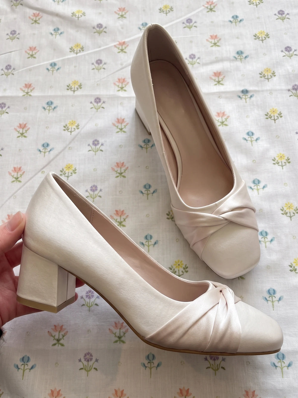 Lysabelle Satin Knot Square Toe Heels