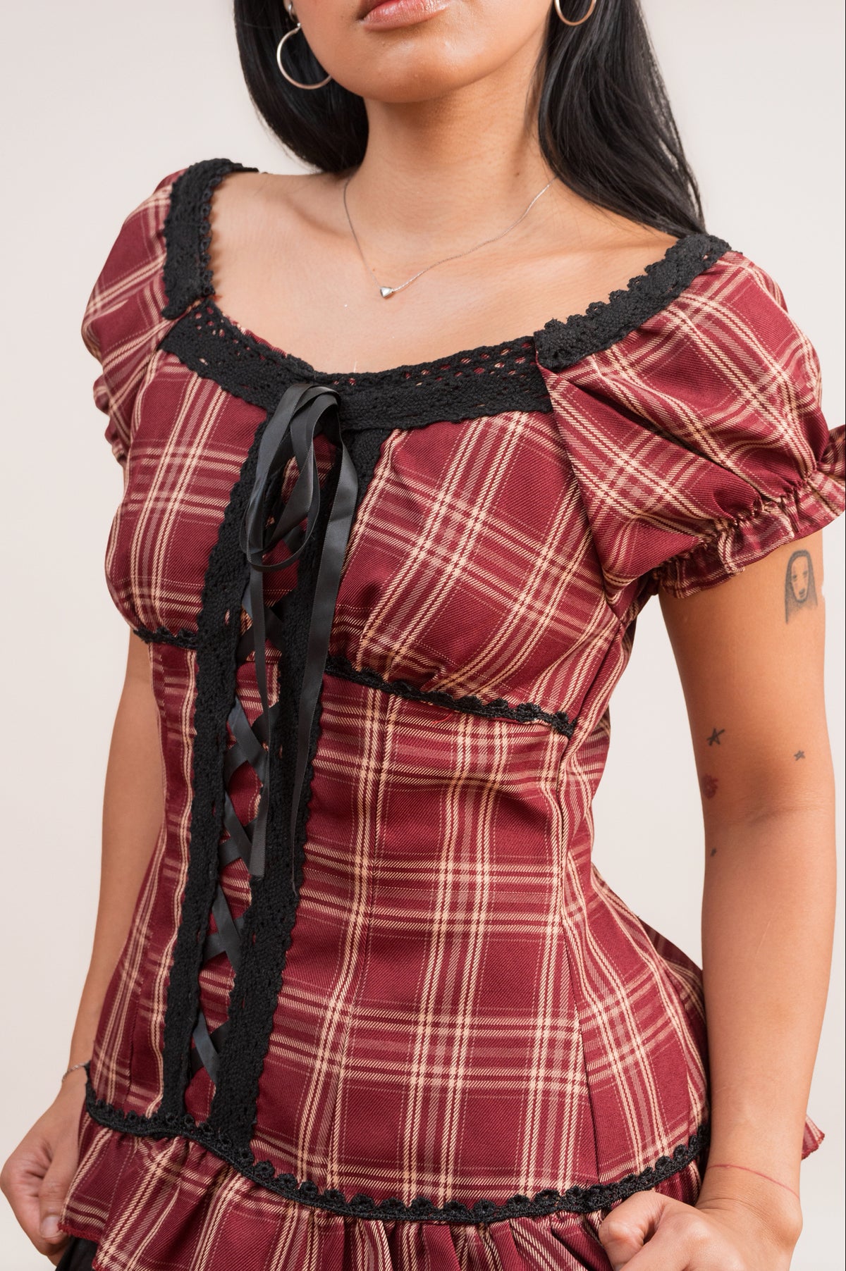 Crimson Tartan Lace Blouse