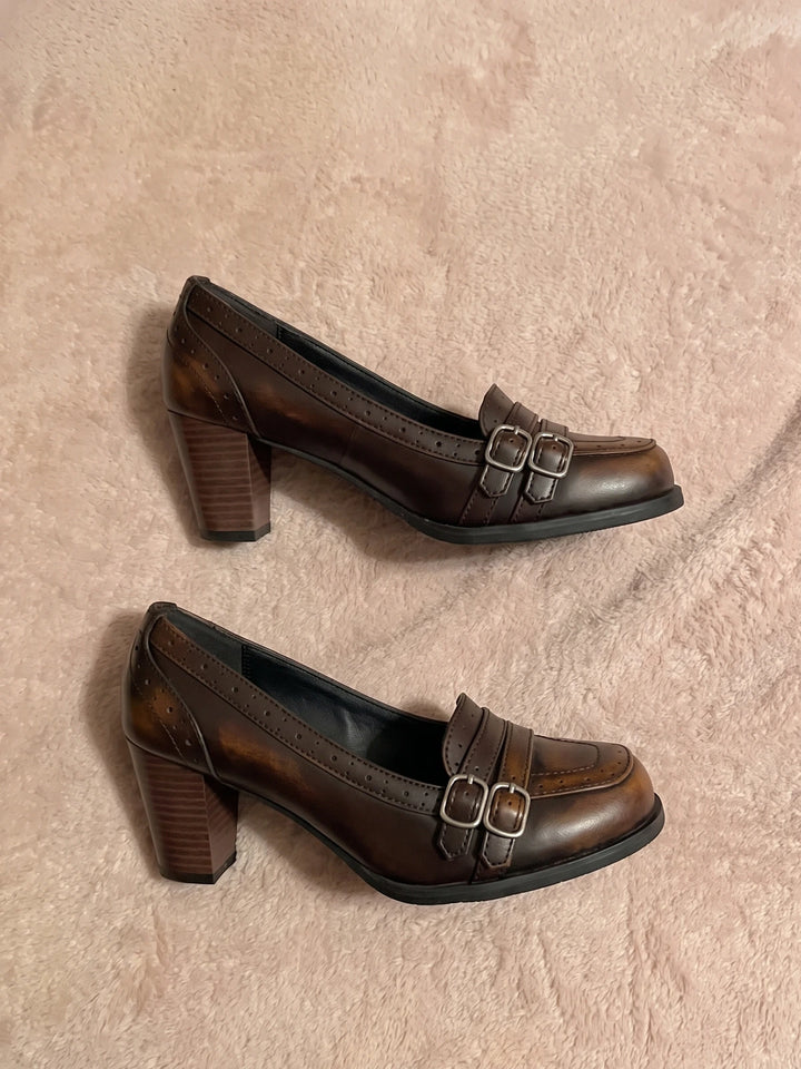 Irene Burnished Brogue Block Heel Pumps