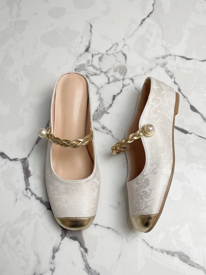 Pierrette Gold Toe Jacquard Mule Flats