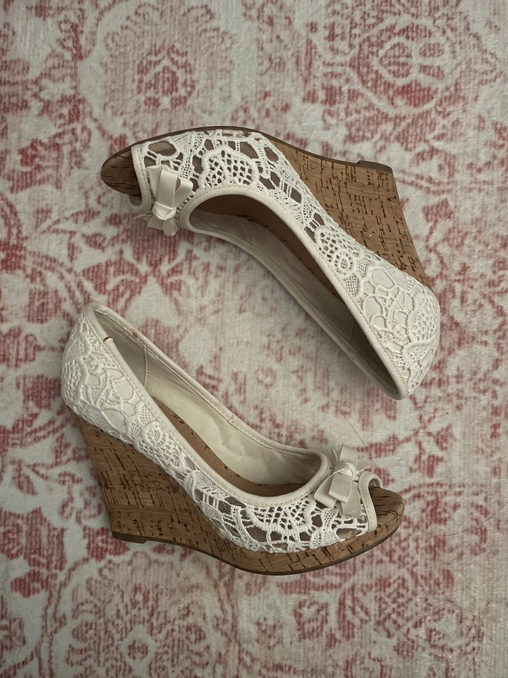 Solene Floral Lace Cork Wedge Heels