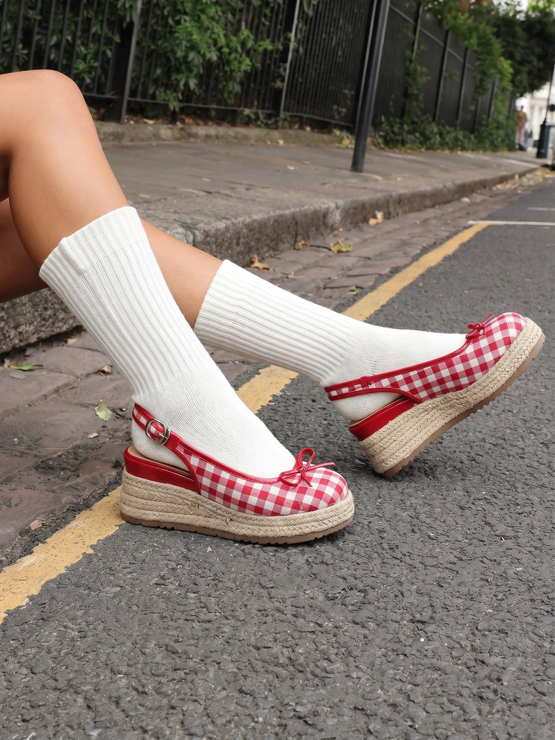 Elodie Gingham Bow Wedges