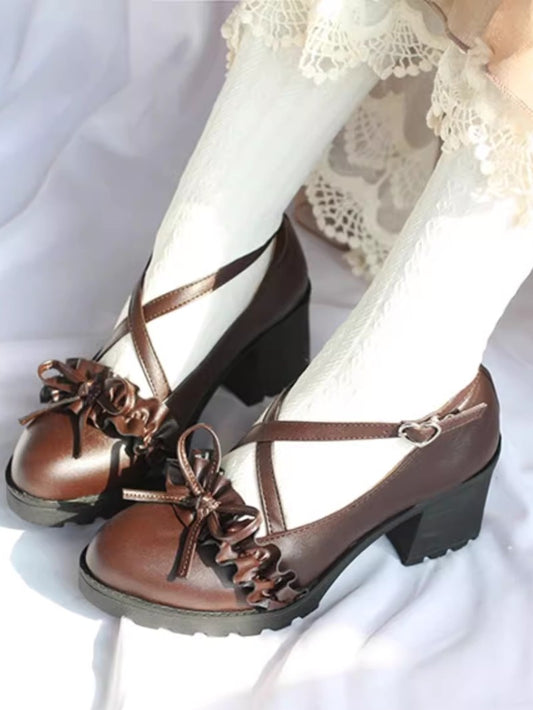 Cross-Strap Ruffle Leather Heel Shoes
