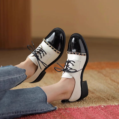 Color-Block Round Toe Leather Heels