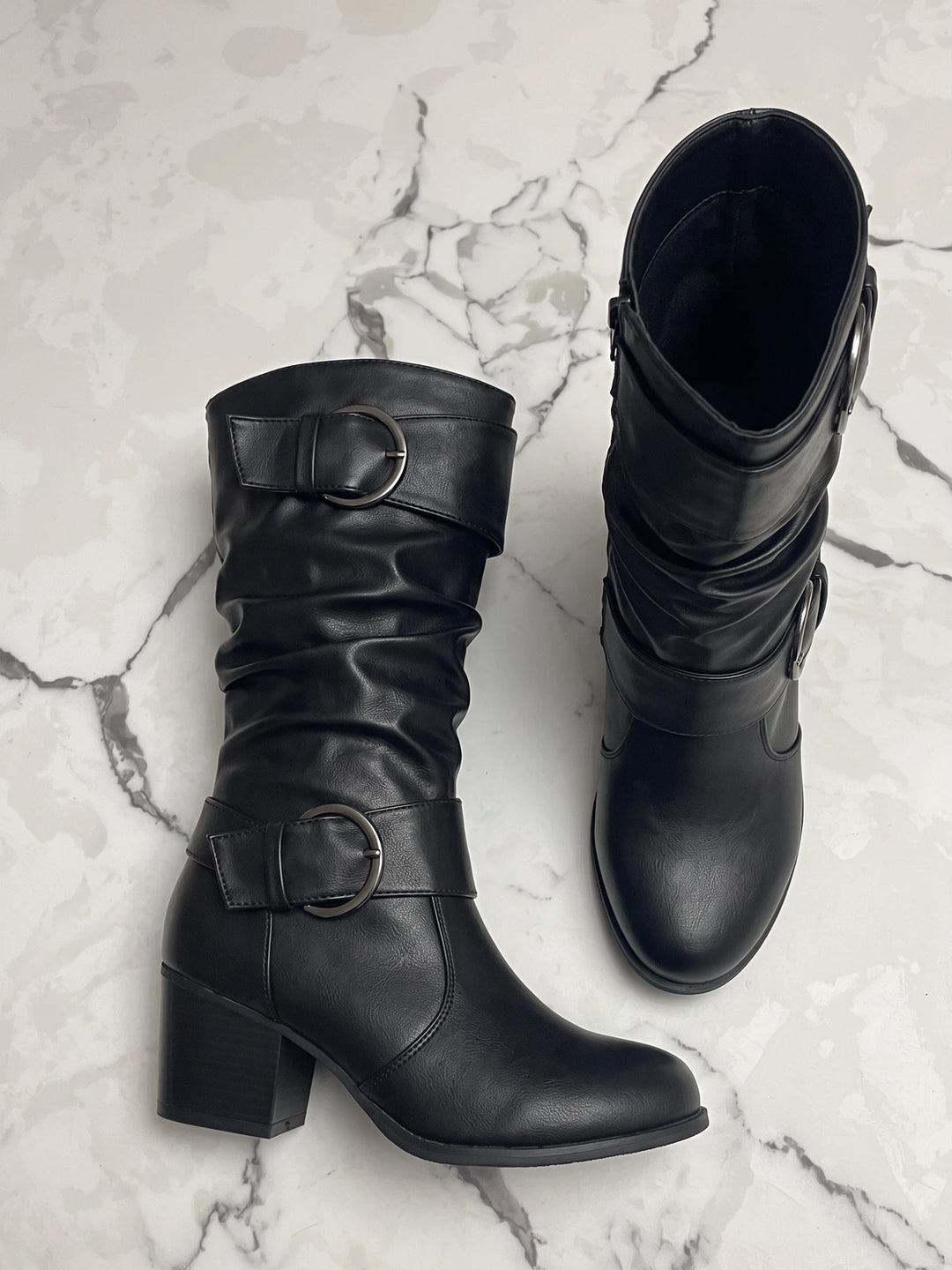 Aline Slouchy Buckle Mid-Calf Boots
