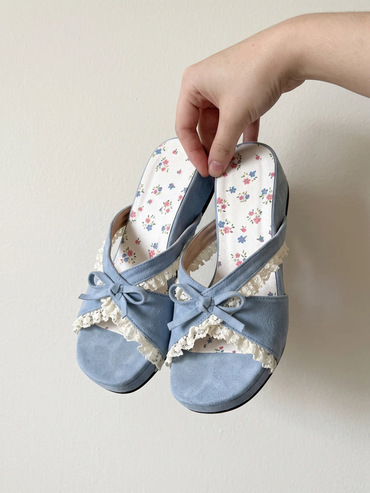 Mignettina Floral Ruffle Wedge Slides