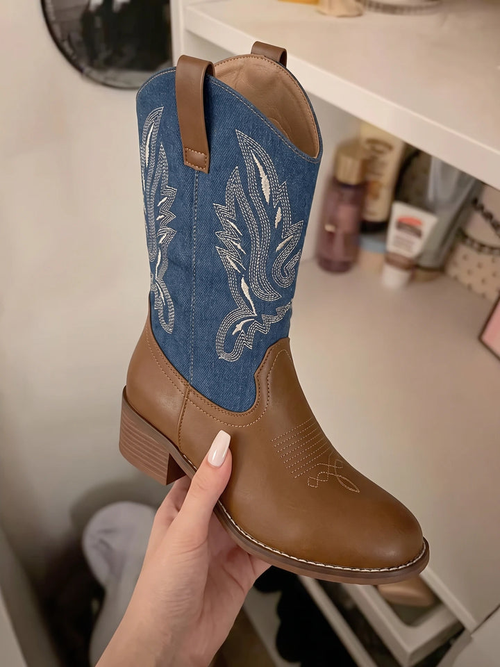 Mignonne Denim Embroidered Western Boots