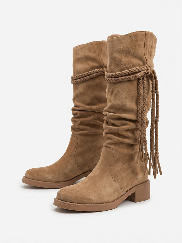 Beatrix Suede Braided Fringe Boots