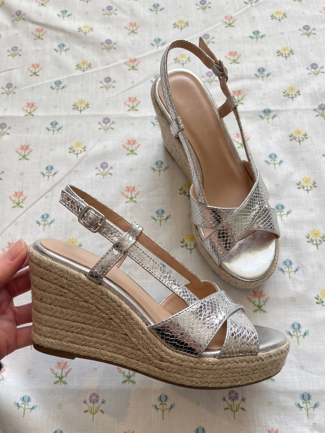 Ghislaine Silver Snakeskin Espadrille Wedges