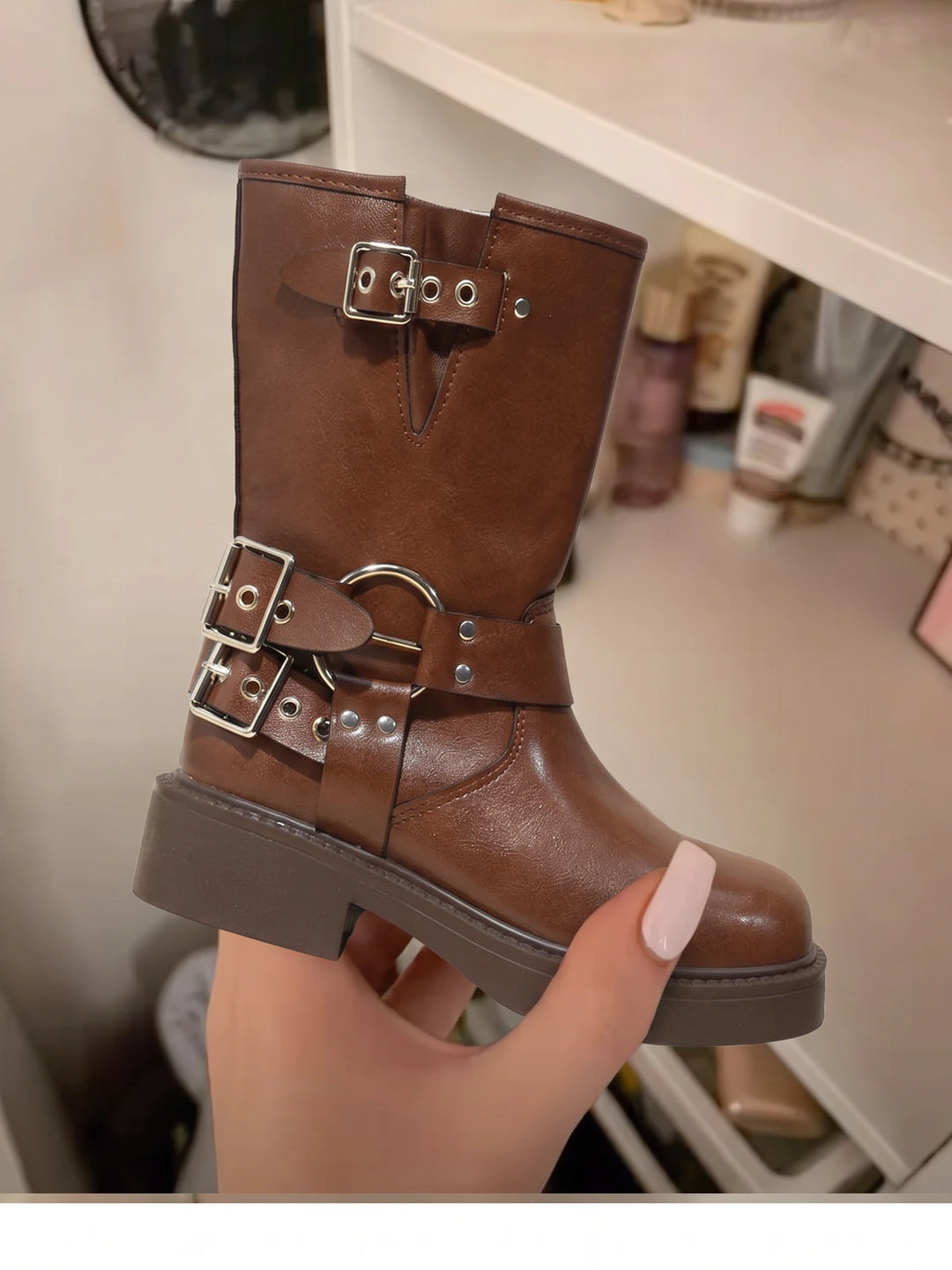 Violaine Brown Buckled Biker Boots