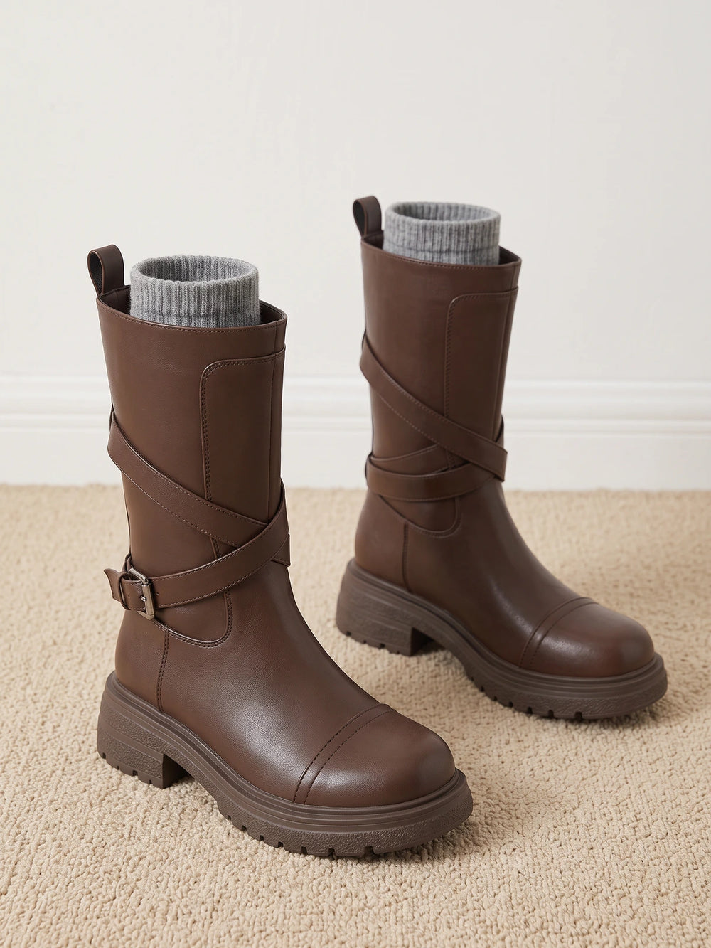 Mignettille Wrap-Strap Mid-Calf Boots