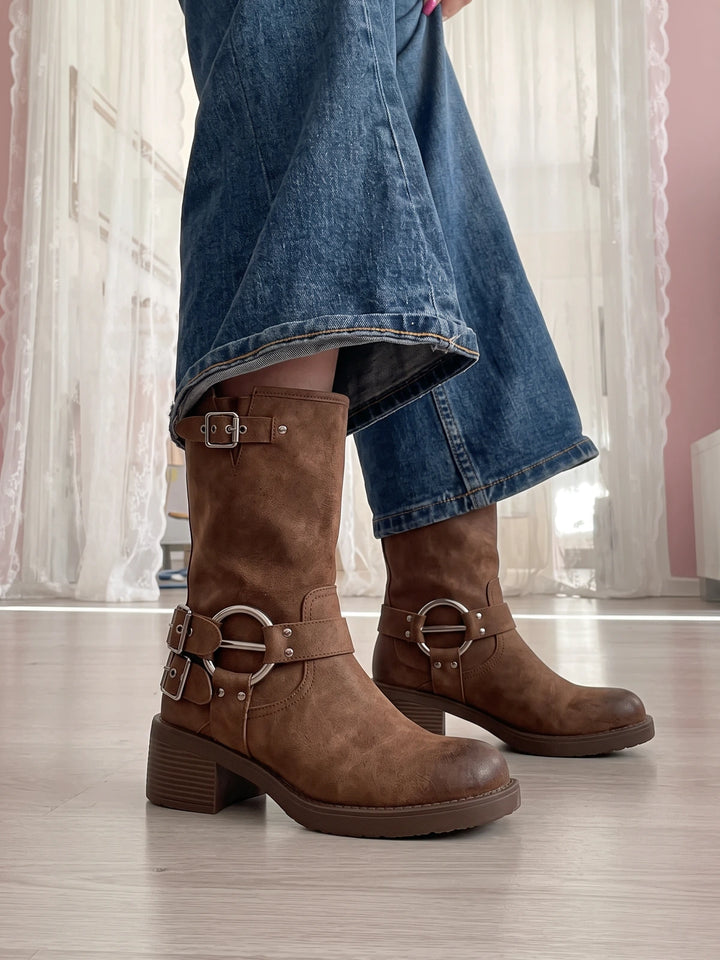 Marichelle Distressed Buckle Mid-Calf Boots