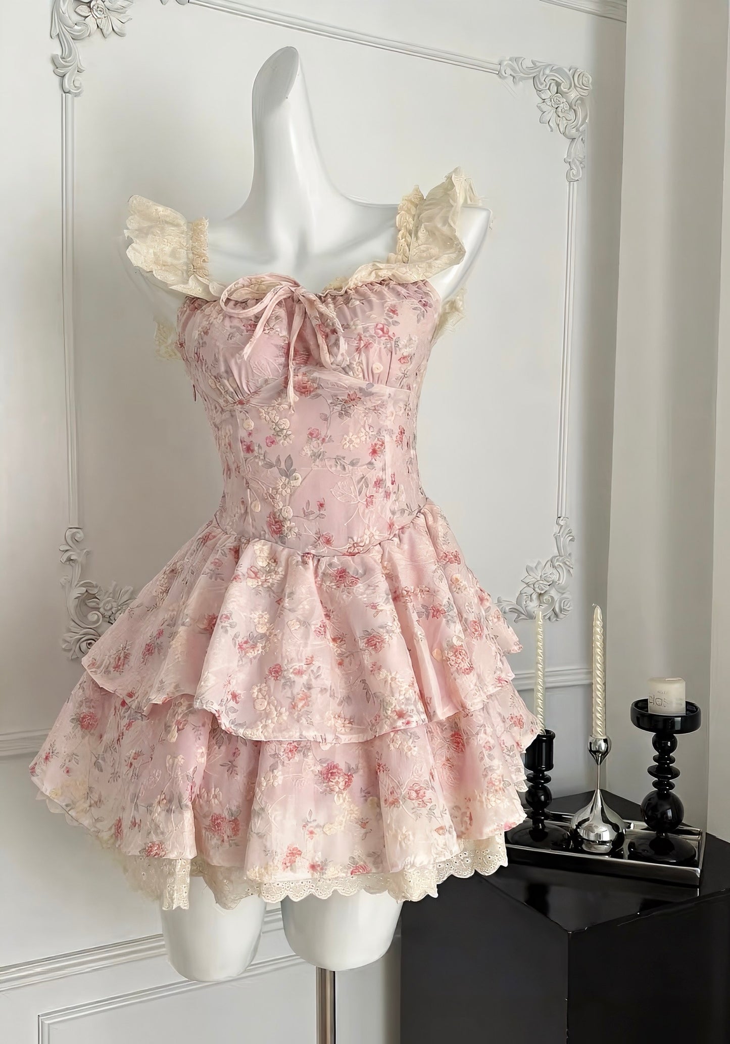 Floral Tiered Ruffle Mini Dress with Lace Trim