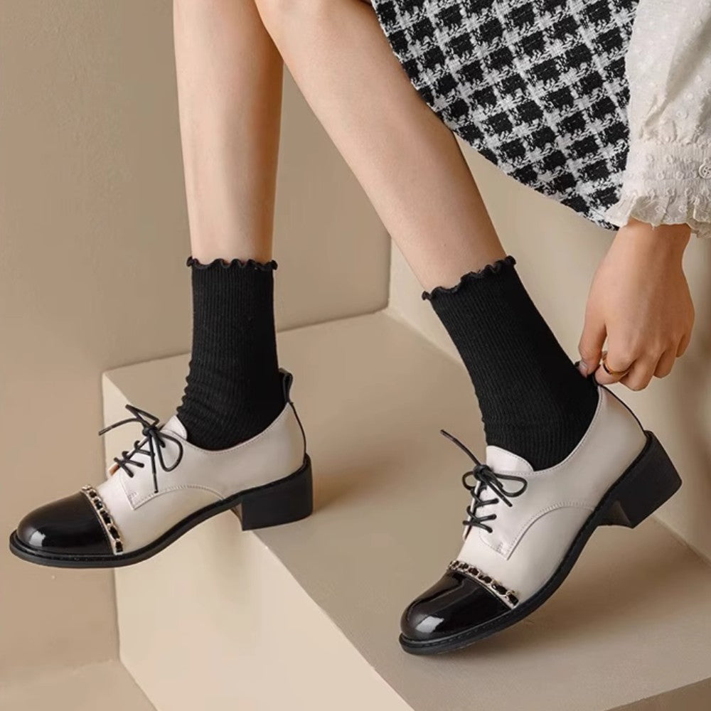 Color-Block Round Toe Leather Heels