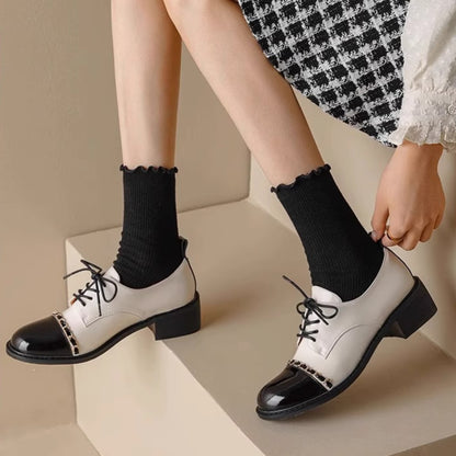 Color-Block Round Toe Leather Heels