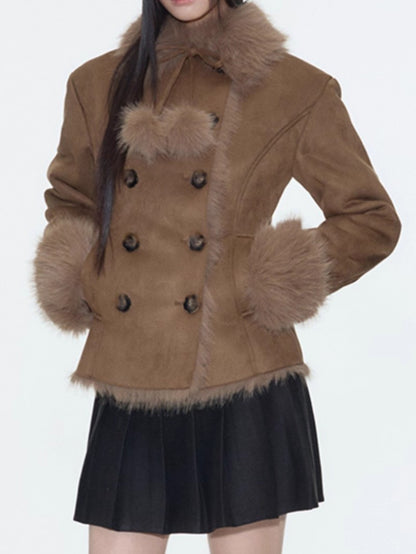 Fur-Lined Suede Patchwork Short Jacket
