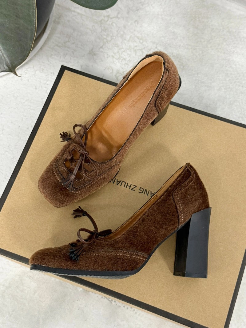 Retro Square-Toe Bow Strap Heels