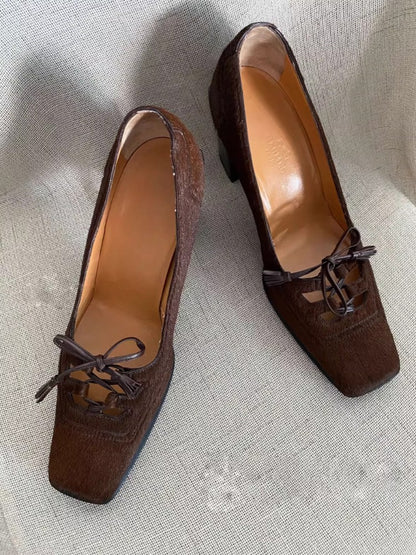 Retro Square Toe Bow Heels
