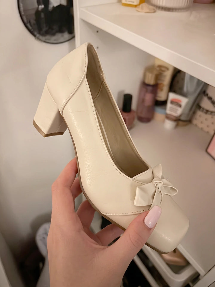 Solange Cream Bow Square Toe Heels
