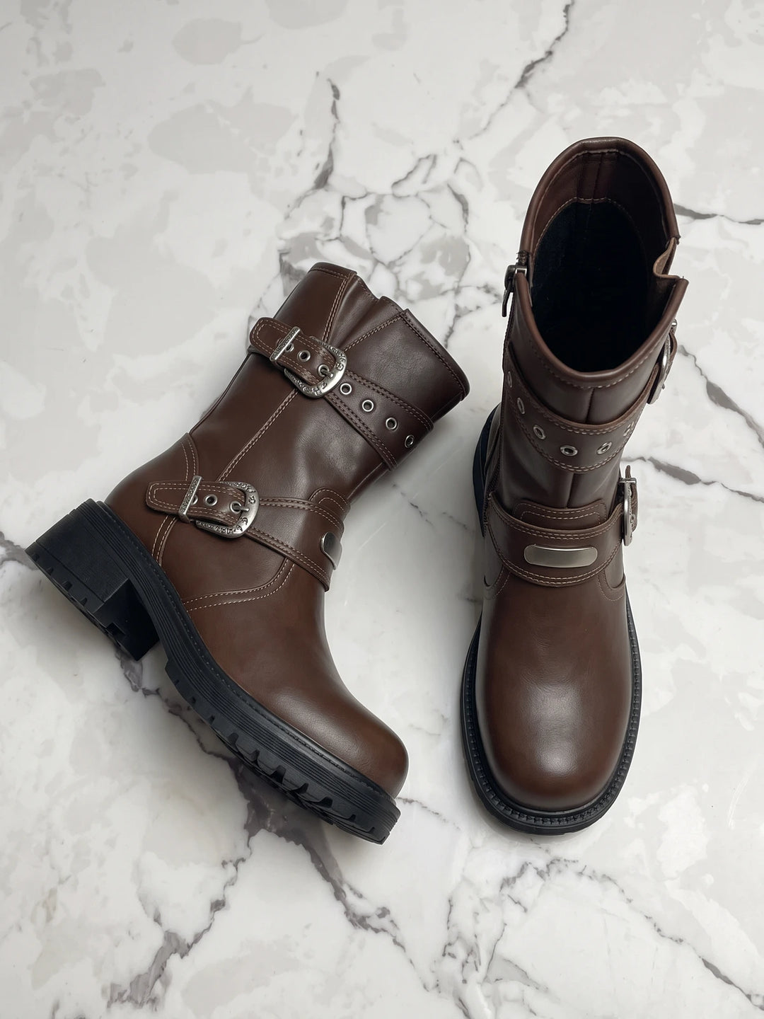 Soleil Buckle Mid-Calf Biker Boots