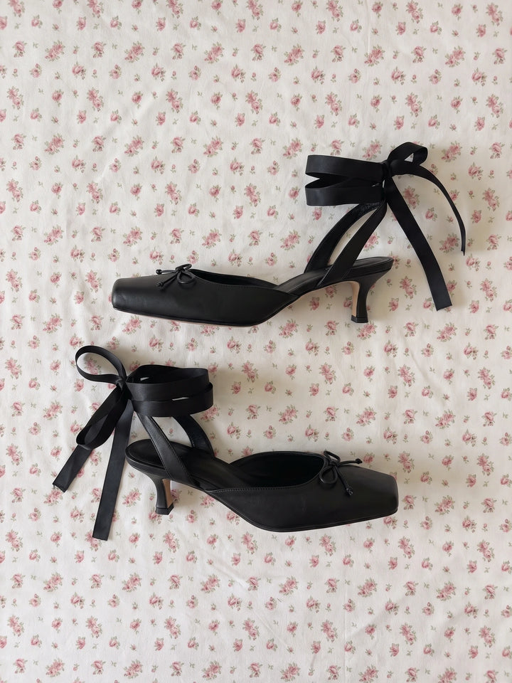 Black Ribbon Bow Sandals