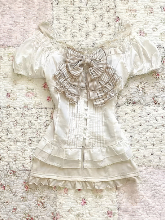 White Puff Sleeve Blouse with Ruffles & Suspenders