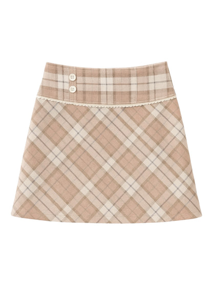 Pink Plaid Woolen A-Line Short Skirt