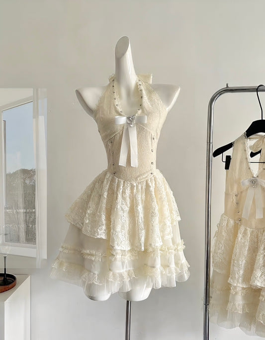 Ivory Lace Bow Mini Dress