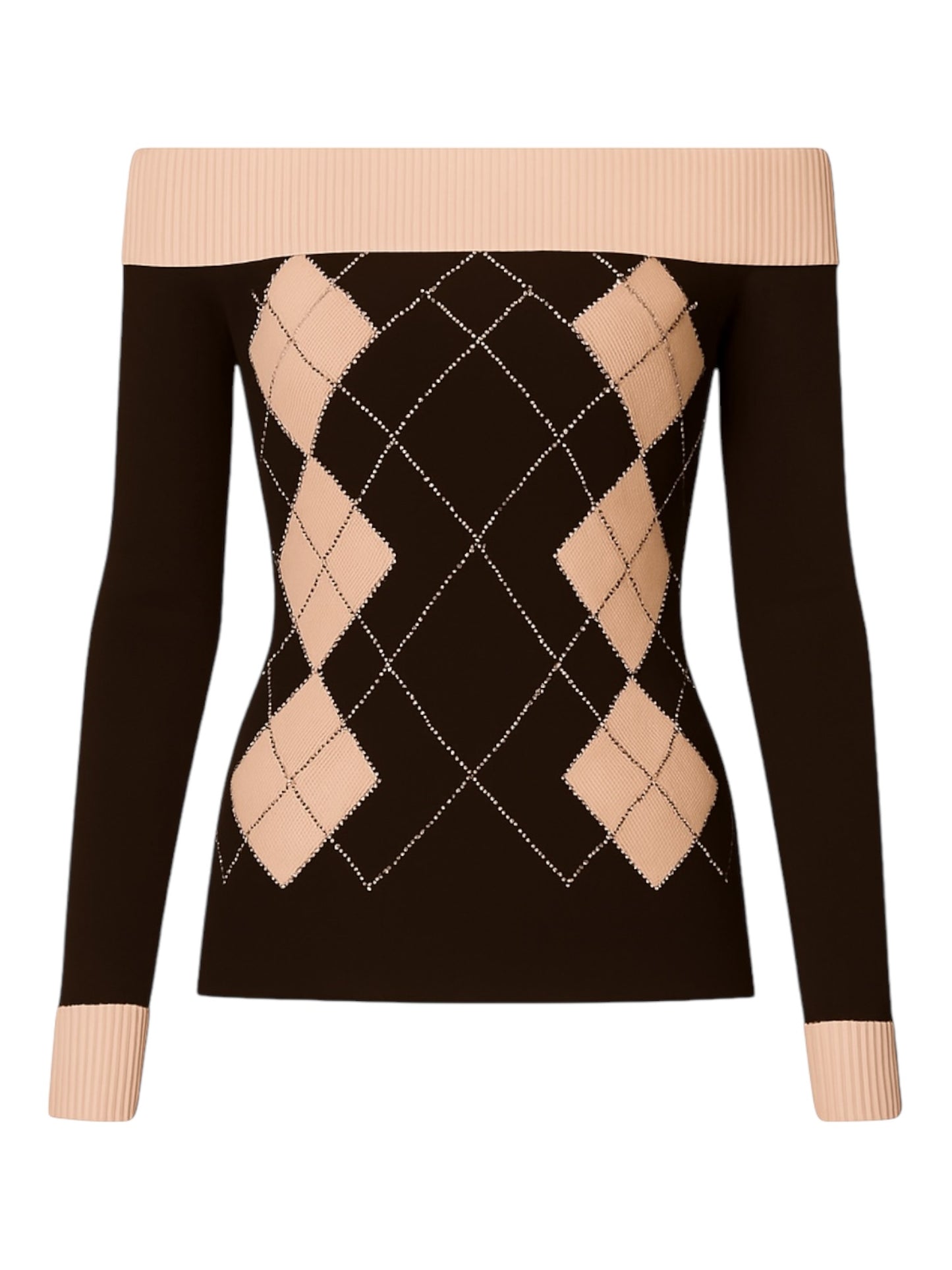 Brown Retro Contrast One-Shoulder Knit Sweater