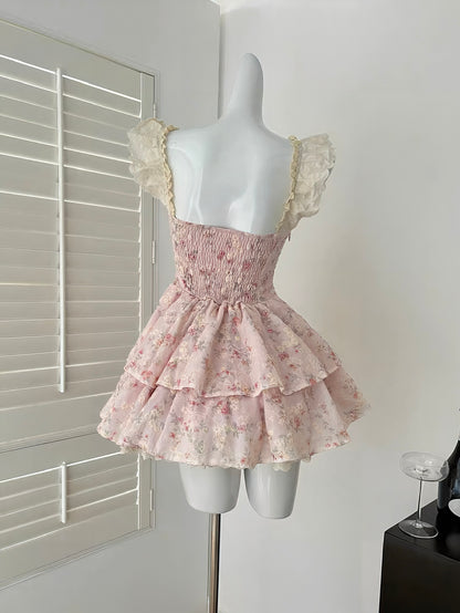Floral Tiered Ruffle Mini Dress with Lace Trim