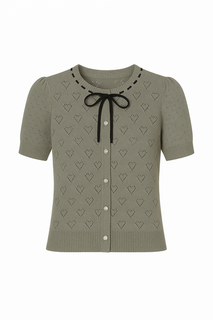 Gray Hollow Heart Knit Short Sleeve Cardigan