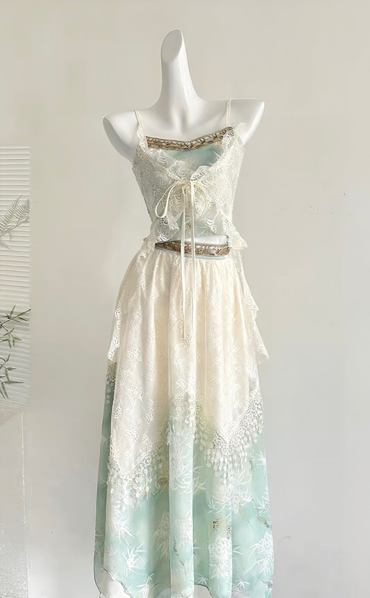 Embroidered Gold-Trimmed Camisole & Lace Layered Skirt Set