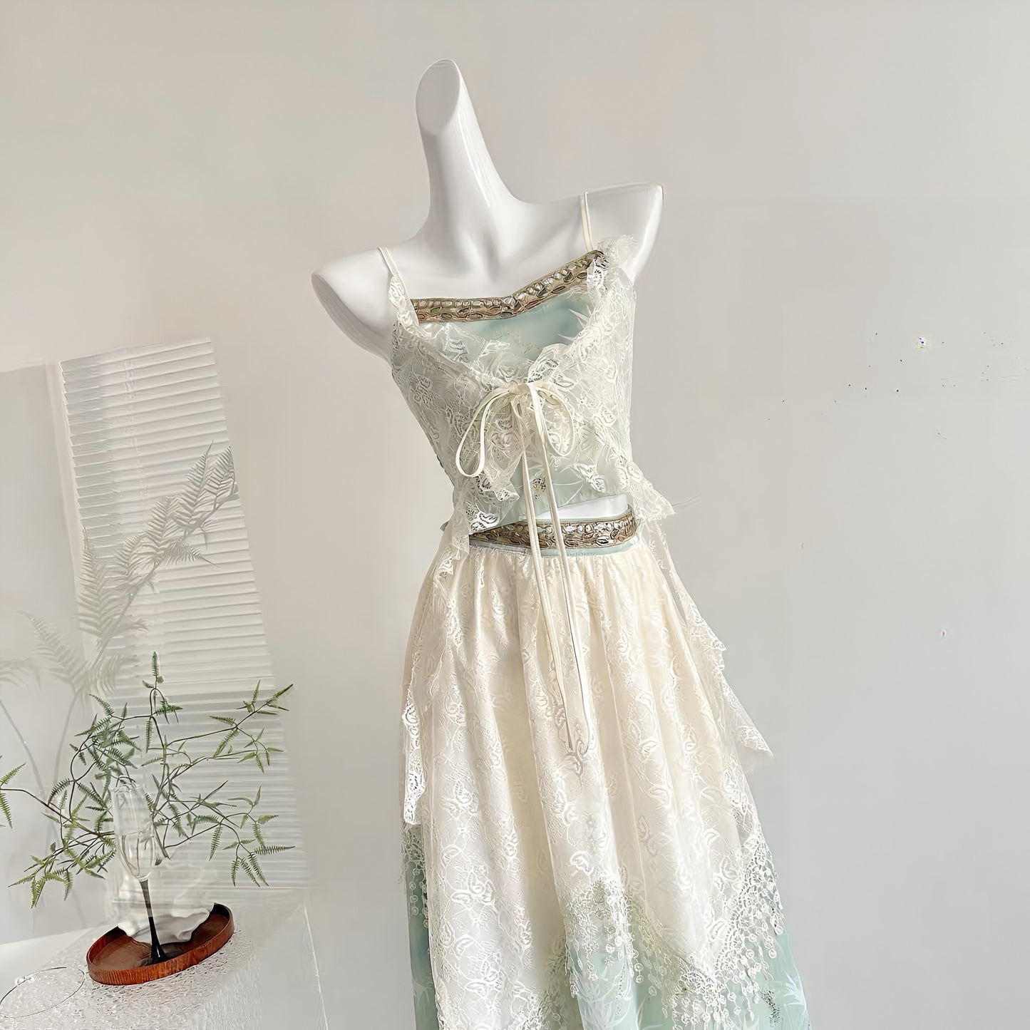 Embroidered Gold-Trimmed Camisole & Lace Layered Skirt Set