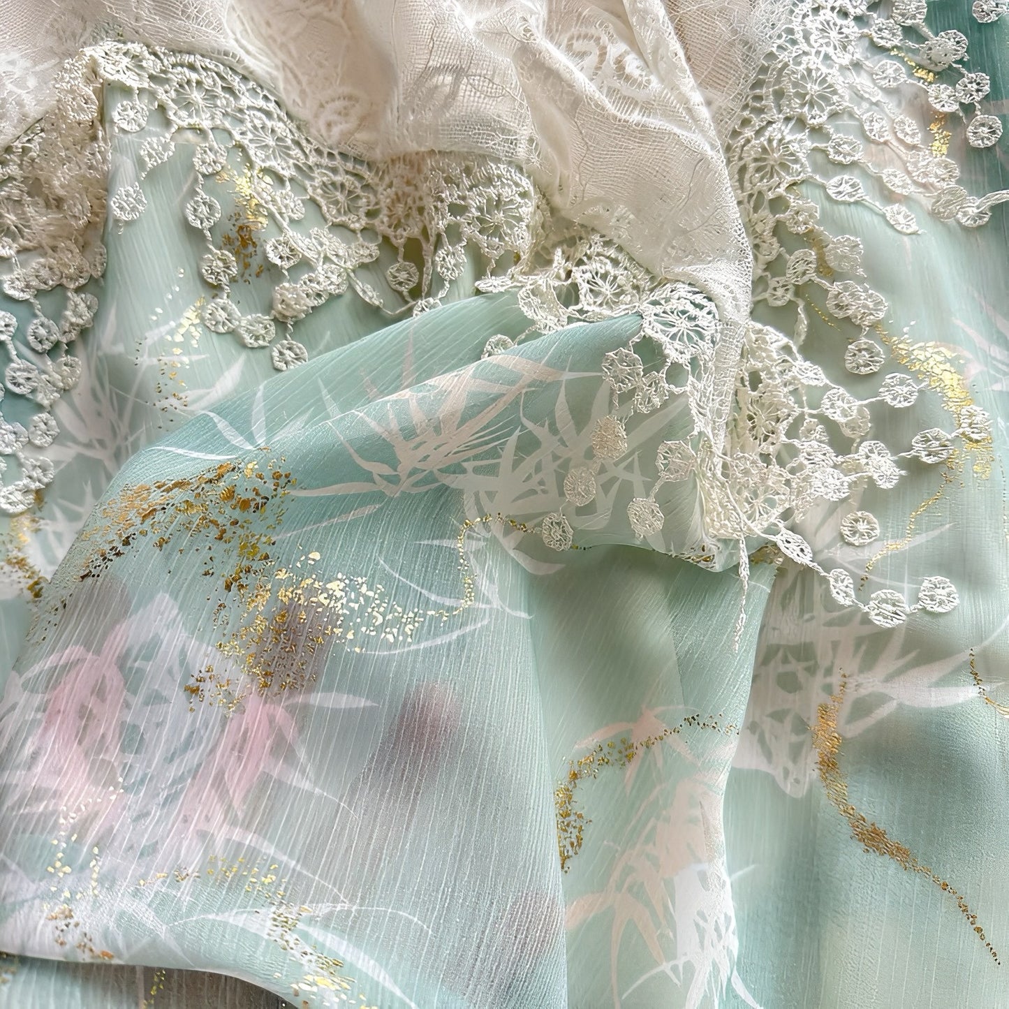 Embroidered Gold-Trimmed Camisole & Lace Layered Skirt Set