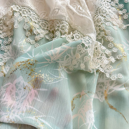 Embroidered Gold-Trimmed Camisole & Lace Layered Skirt Set