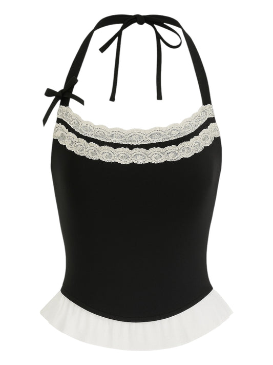 Bow Lace Halter Neck Slim Top
