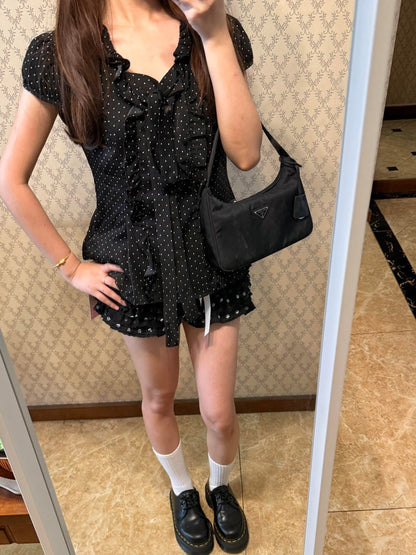 Bowknot Polka Dot Short-Sleeve Pleated Top